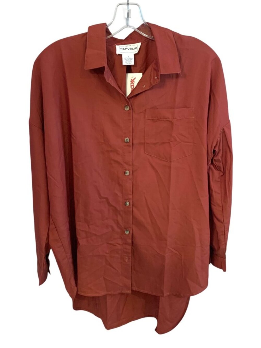 FOR THE REPUBLIC Burnt Orange Long Sleeve Button-Up Collared Hi-Low Top NWT S